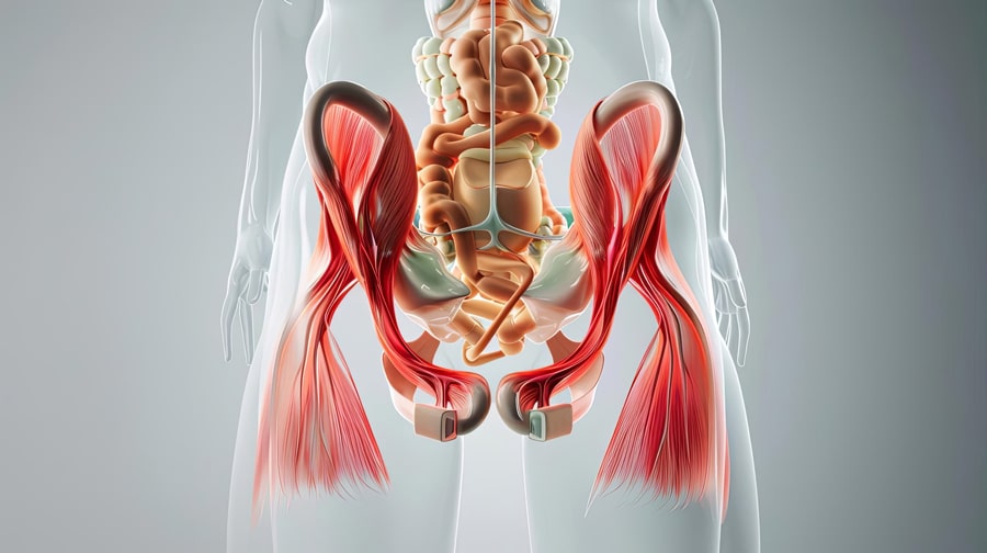 Lower body muscles highlighted on bone structure.