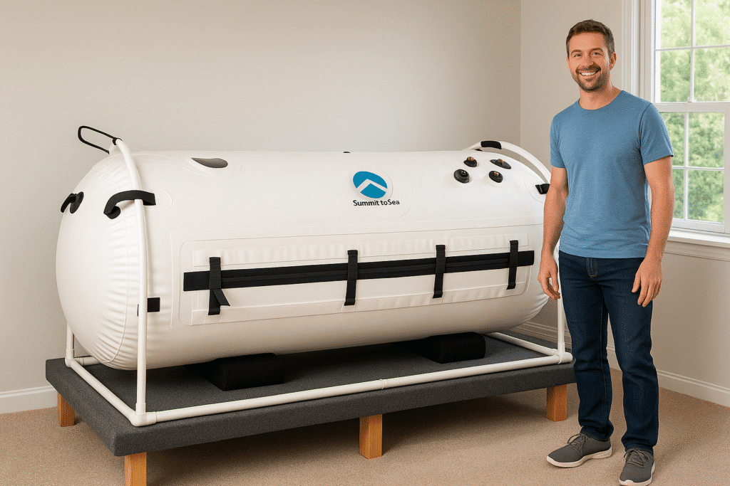 Smiling man in a blue shirt stands beside a white hyperbaric chamber in a bright room. The chamber is supported by a sturdy frame. Calm atmosphere.