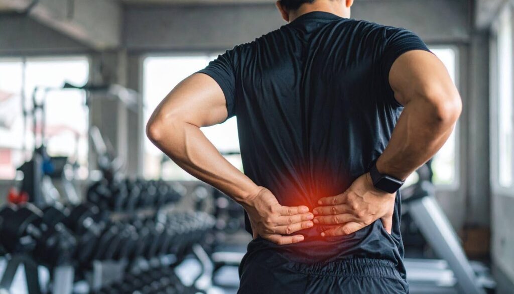 A man holds his lower back in a gym indicating back pain while attempting to exercise