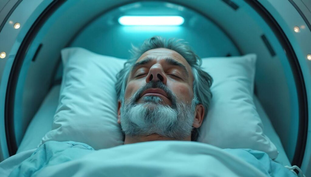 A man lies in a hospital bed with his eyes closed appearing to be resting or asleep