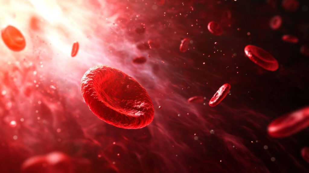 Red blood cells floating through a vein, illuminated by light, creating a dynamic, vivid scene. The atmosphere is energetic and life-giving.