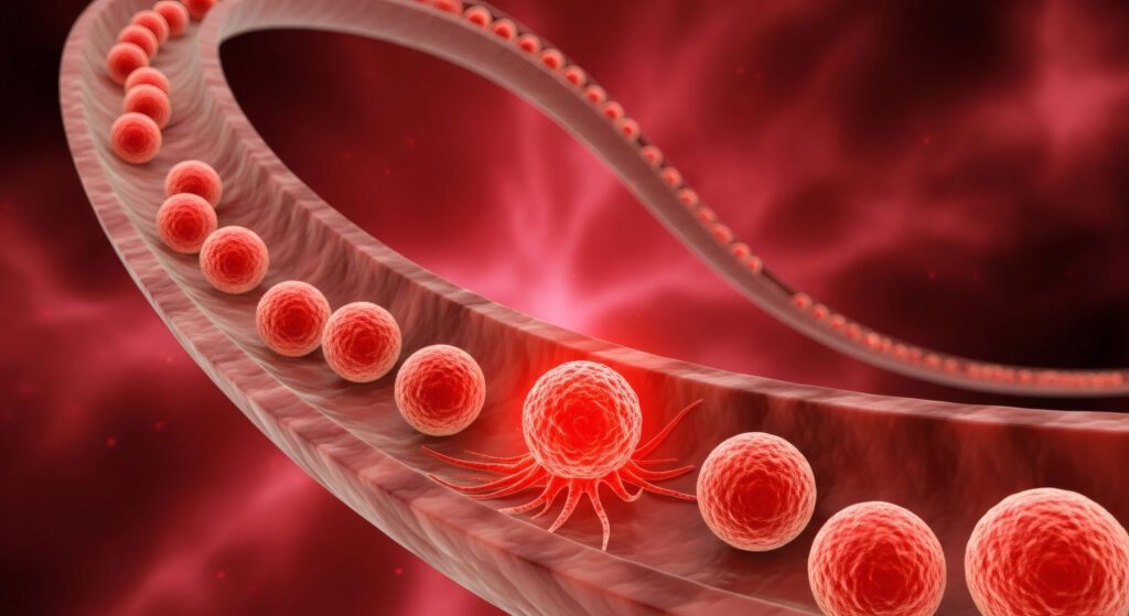 Red blood cells travel through a blood vessel against a dark red background. A prominent cell appears spiky, possibly symbolizing illness or mutation.