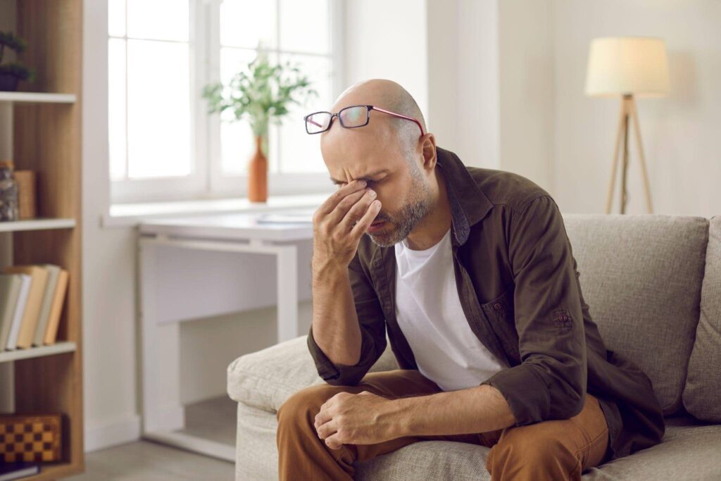 A bald man sits on a couch resting his head in his hands conveying a sense of distress or deep contemplation